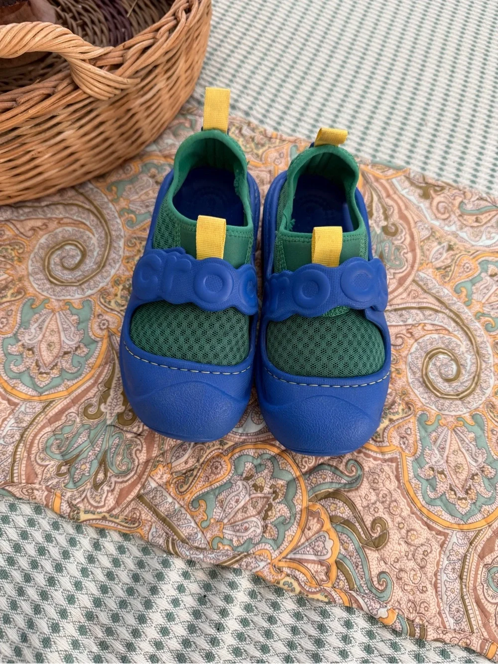 CROCS Kids Blue & Green Athletic Water Shoes with Yellow Pull Tabs Size 12